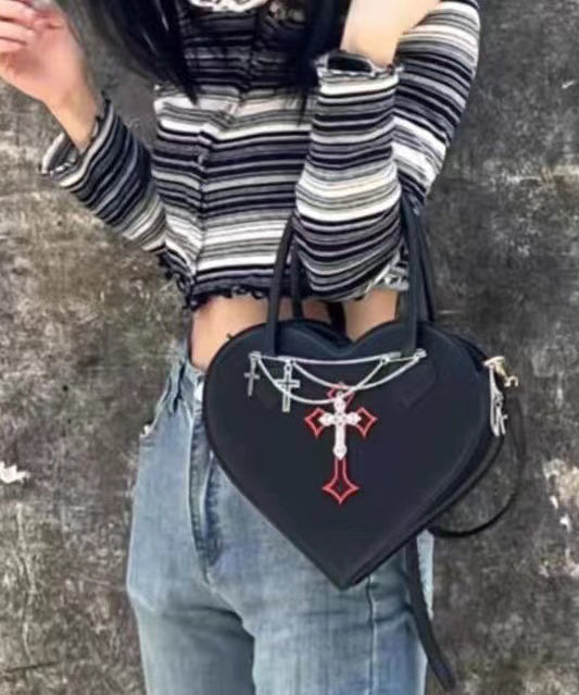 Chic Black Love Shape Chain Linked Faux Leather Tote Handbag