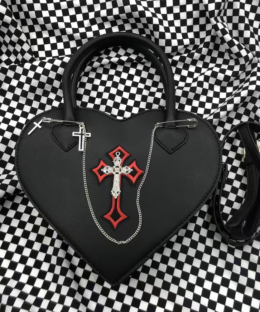 Chic Black Love Shape Chain Linked Faux Leather Tote Handbag