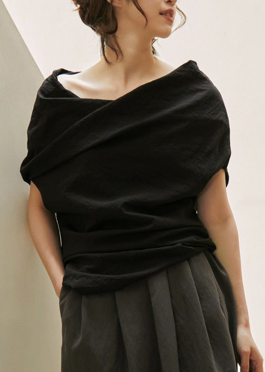 Chic Black Slash Neck Wrinkled Cotton Shirt Summer