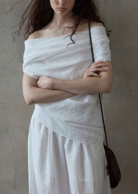 Chic Black Slash Neck Wrinkled Cotton Shirt Summer