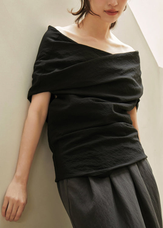 Chic Black Slash Neck Wrinkled Cotton Shirt Summer