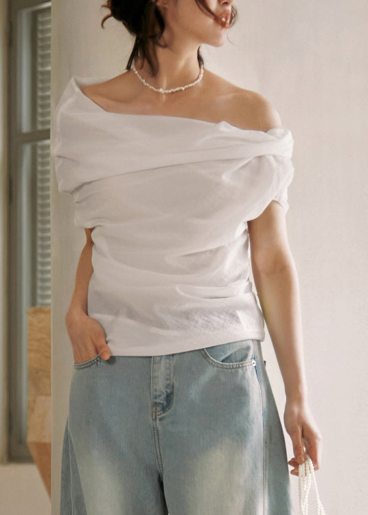 Chic Black Slash Neck Wrinkled Cotton Shirt Summer