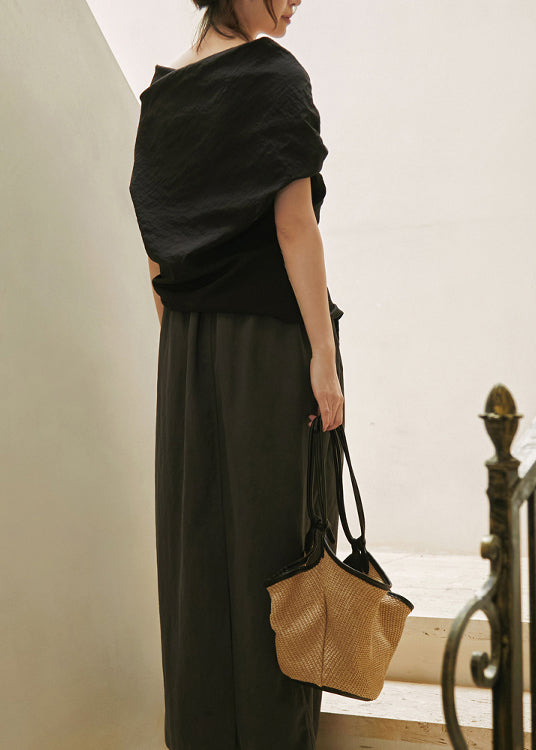 Chic Black Slash Neck Wrinkled Cotton Shirt Summer