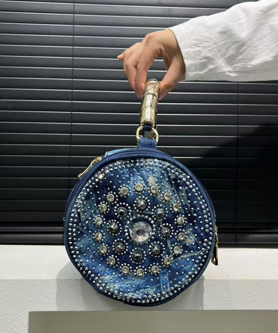 Chic Blue Rivet Zircon Denim Tote Handbag
