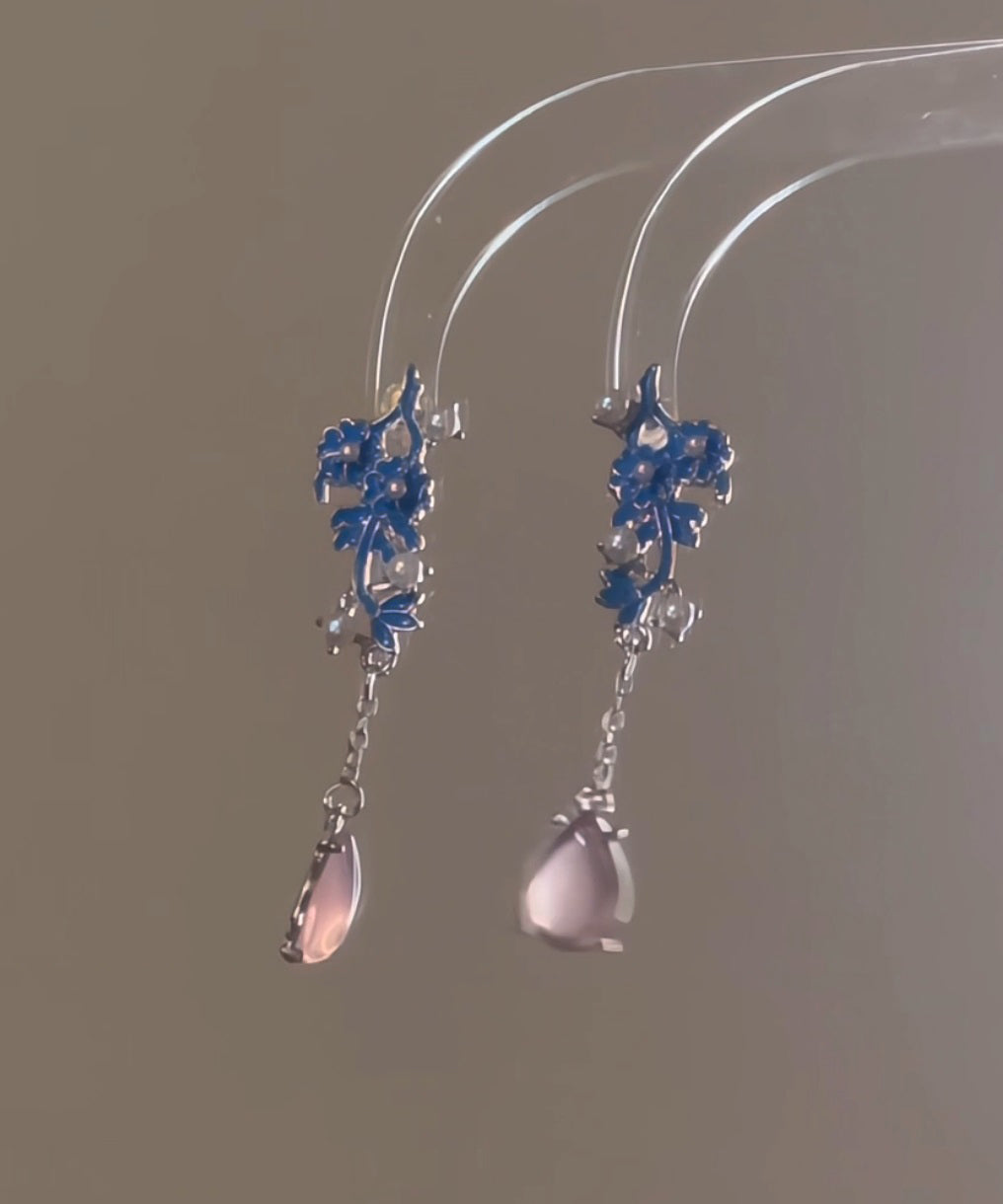 Chic Blue Sterling Silver Pearl Cloisonne Enamel Water Drop Tassel Drop Earrings