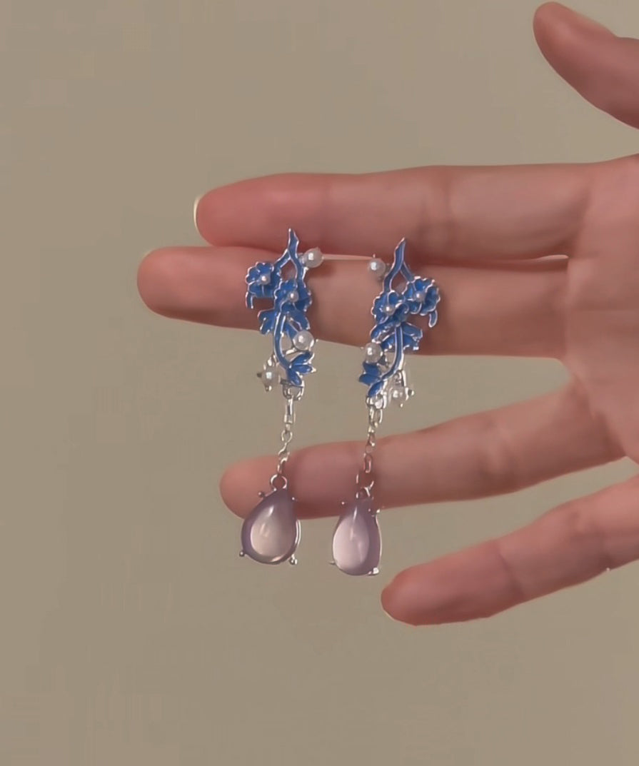 Chic Blue Sterling Silver Pearl Cloisonne Enamel Water Drop Tassel Drop Earrings