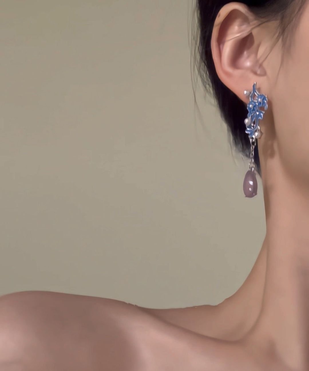 Chic Blue Sterling Silver Pearl Cloisonne Enamel Water Drop Tassel Drop Earrings