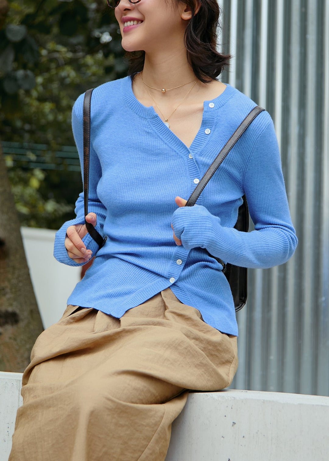 Chic Coffee O Neck Button Slim Fit Woolen Knit Top Fall