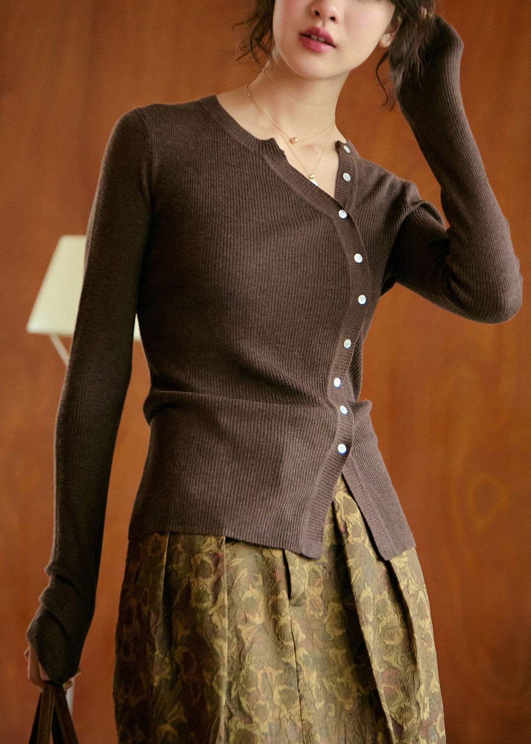 Chic Coffee O Neck Button Slim Fit Woolen Knit Top Fall