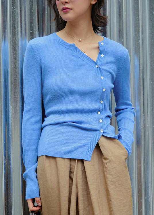 Chic Coffee O Neck Button Slim Fit Woolen Knit Top Fall