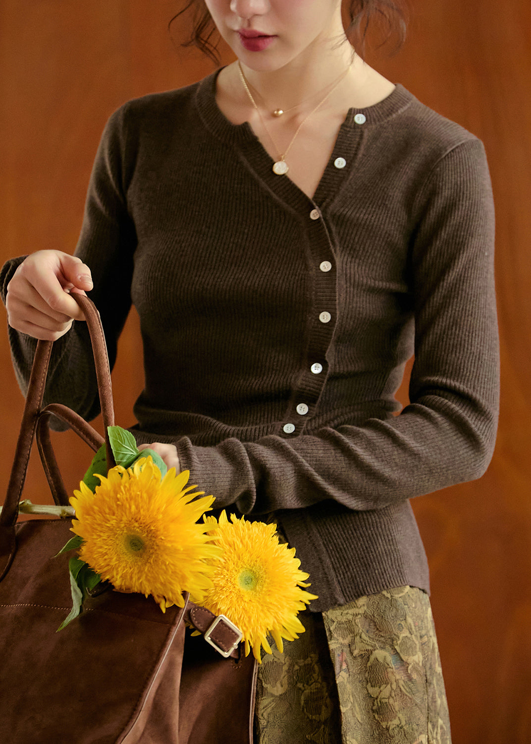 Chic Coffee O Neck Button Slim Fit Woolen Knit Top Fall