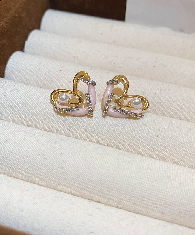 Chic Colorblock Alloy Zircon Pearl Love Drip Glaze Stud Earrings