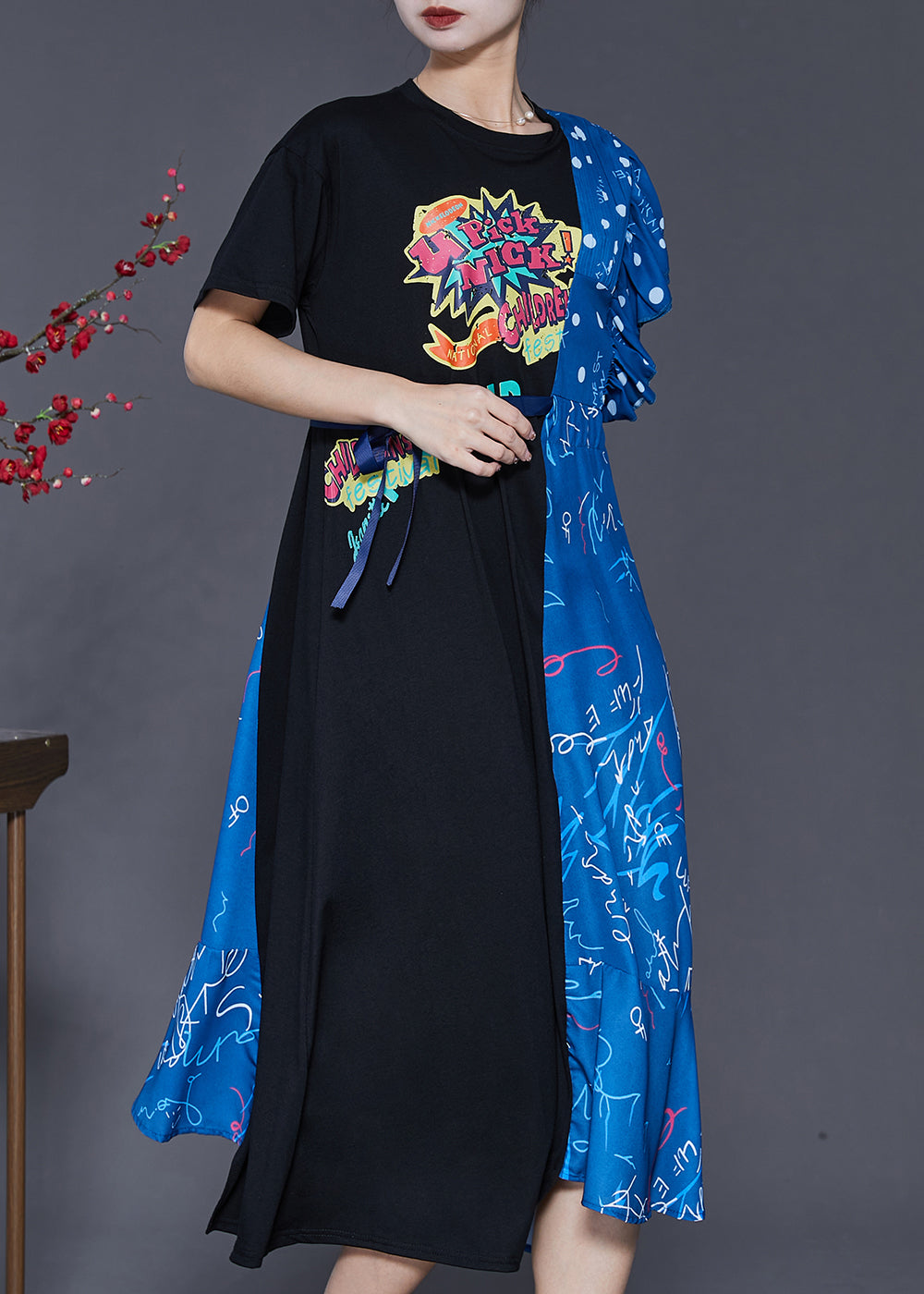 Chic Colorblock Asymmetrical Patchwork Cotton Long Dress Summer