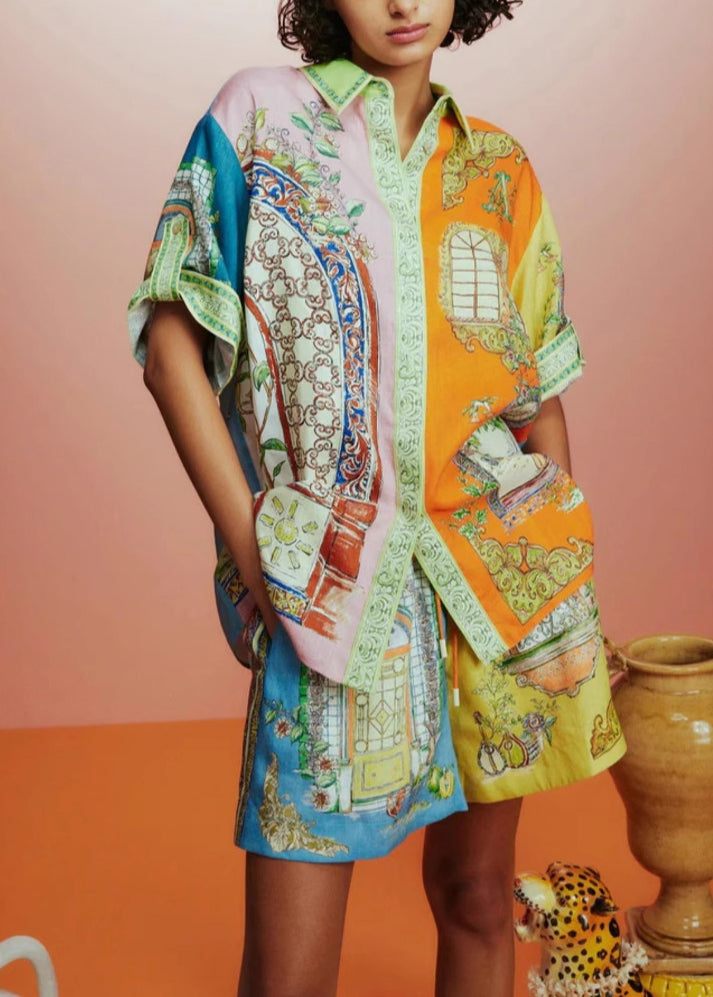 Chic Colorblock Peter Pan Collar Print Cotton Two Pieces Set Half Sleeve