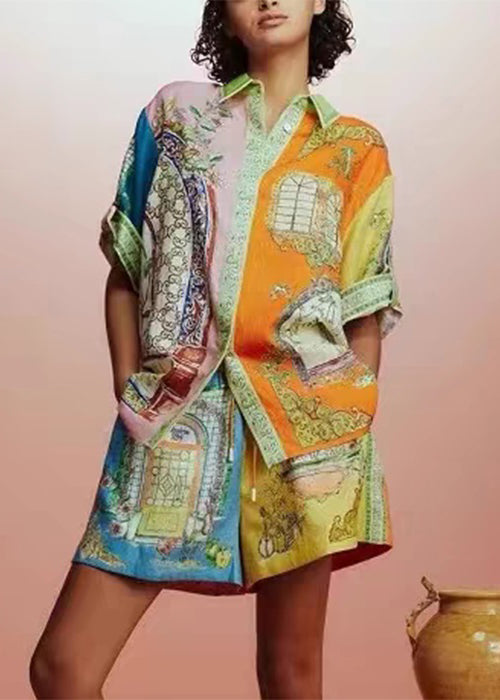 Chic Colorblock Peter Pan Collar Print Cotton Two Pieces Set Half Sleeve