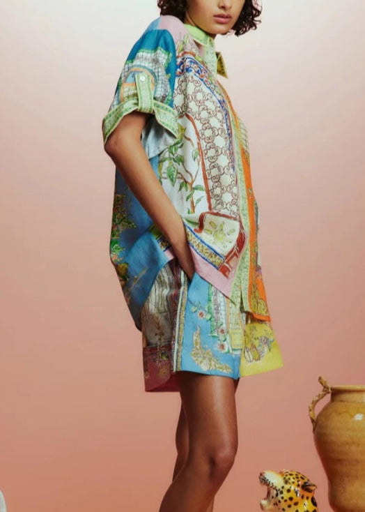 Chic Colorblock Peter Pan Collar Print Cotton Two Pieces Set Half Sleeve