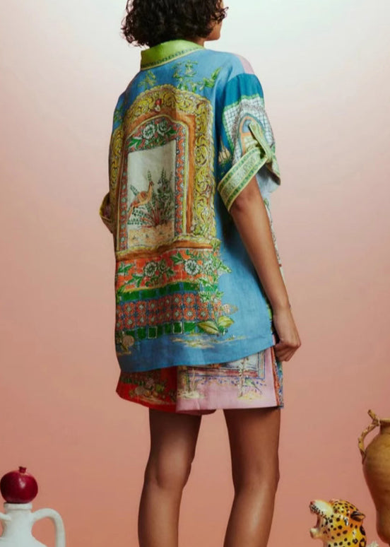 Chic Colorblock Peter Pan Collar Print Cotton Two Pieces Set Half Sleeve