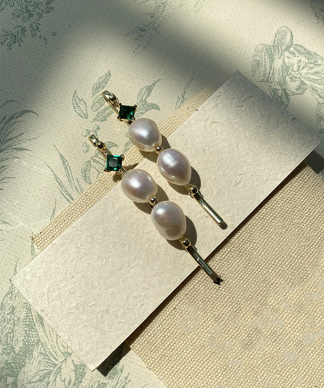 Chic Gold Alloy Zircon Pearl Emerald A Pair Hairpin