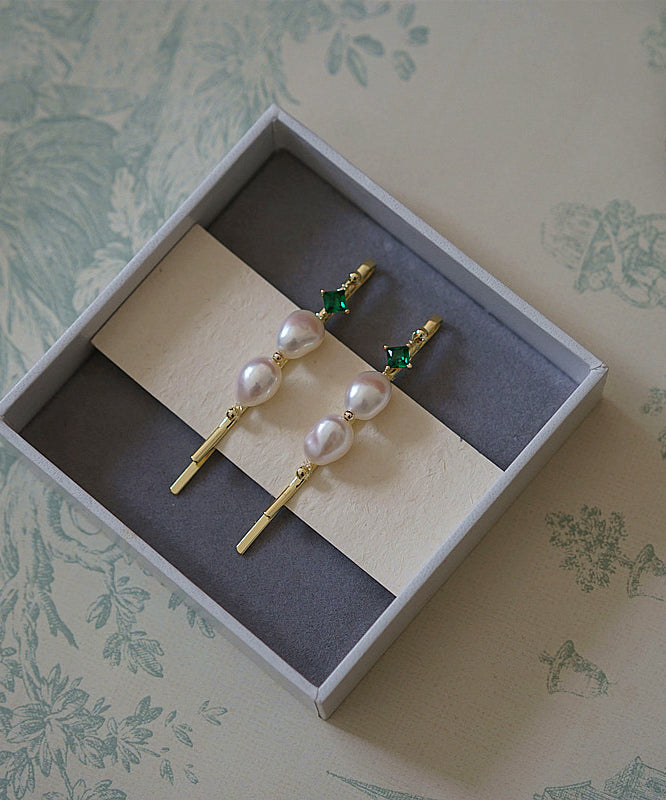 Chic Gold Alloy Zircon Pearl Emerald A Pair Hairpin