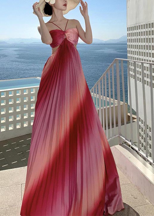 Chic Gradient Pink Tie Dye Exra Large Hem Silk Strapless Dress Summer