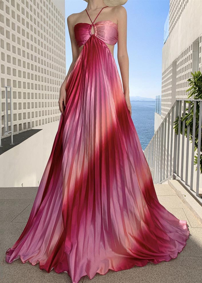 Chic Gradient Pink Tie Dye Exra Large Hem Silk Strapless Dress Summer