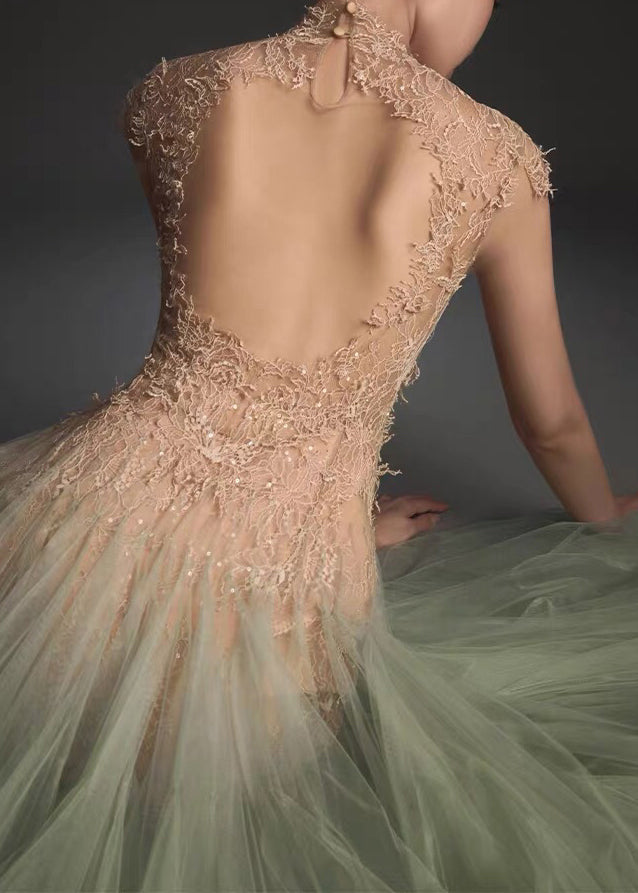 Chic Green Backless Lace Patchwork Tulle Party Dress Summer