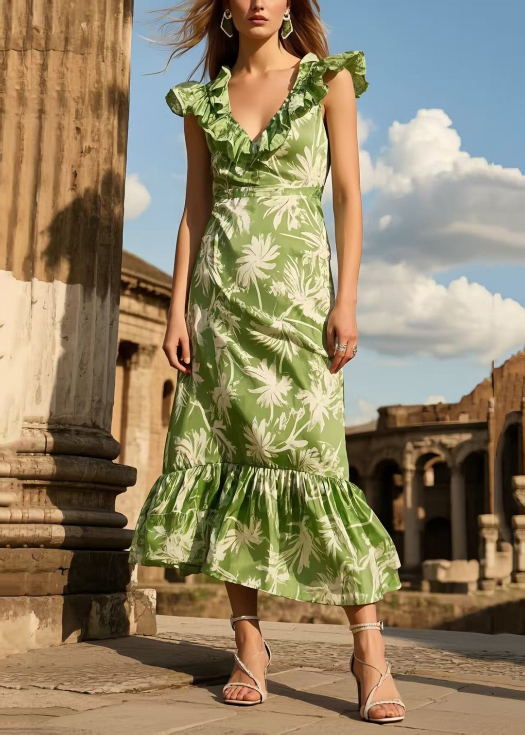 Chic Green Ruffled Print Silk Long Dresses Summer