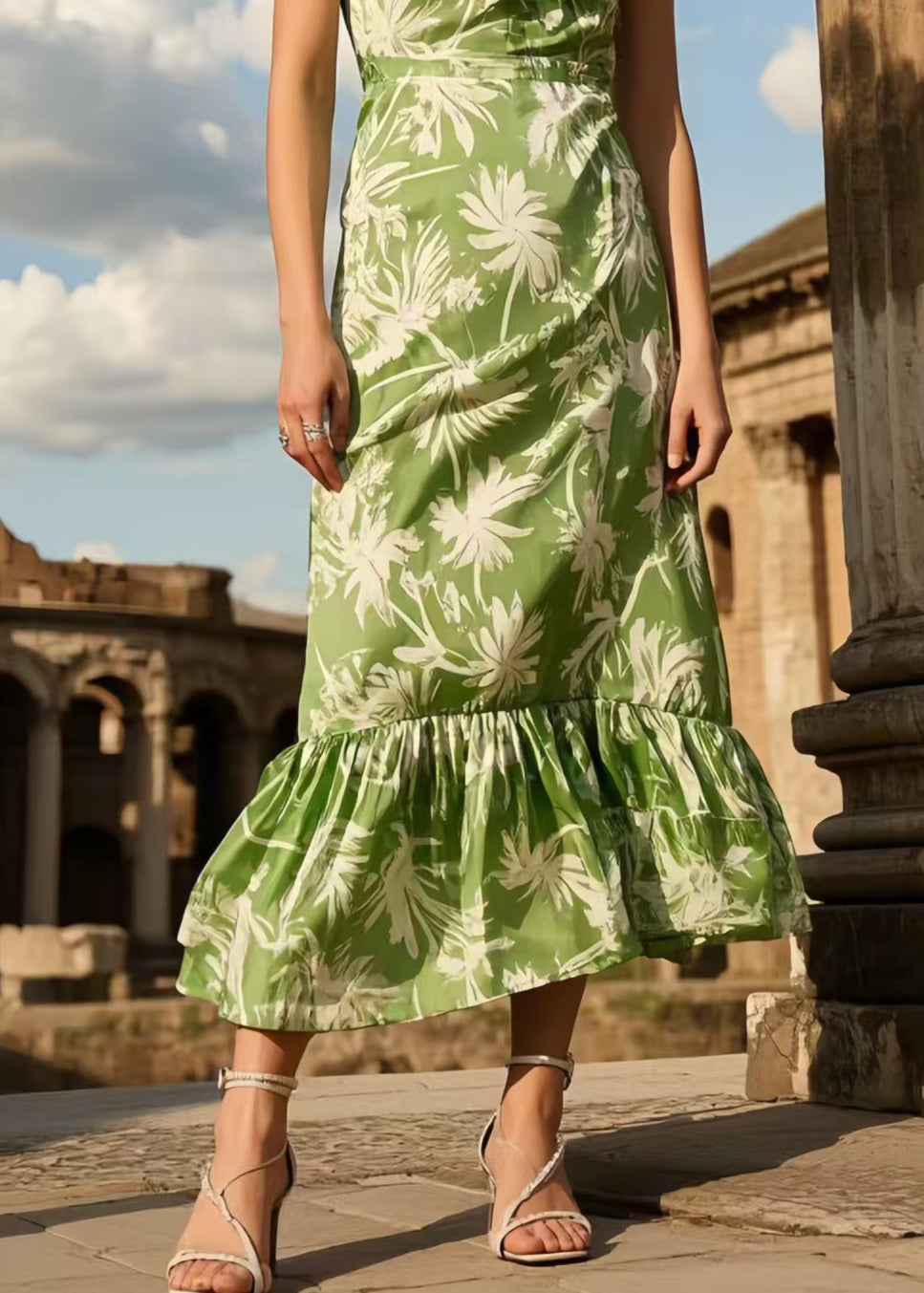 Chic Green Ruffled Print Silk Long Dresses Summer