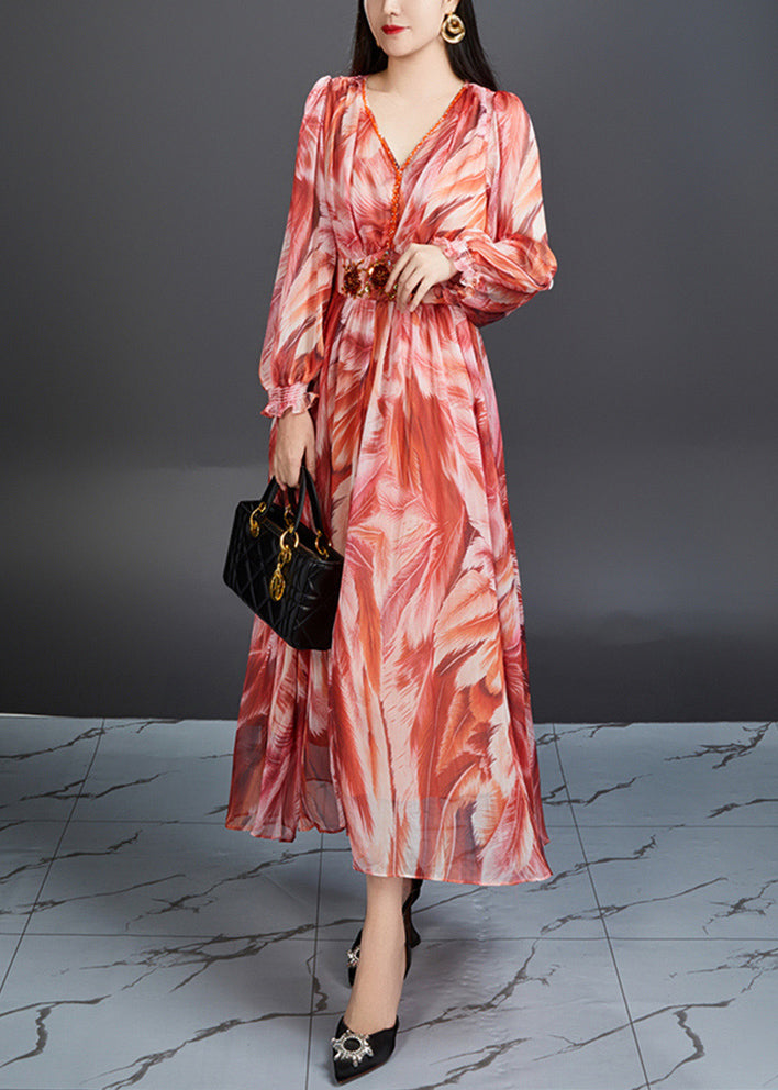 Chic Green V Neck Print High Waist Chiffon Dress Butterfly Sleeve