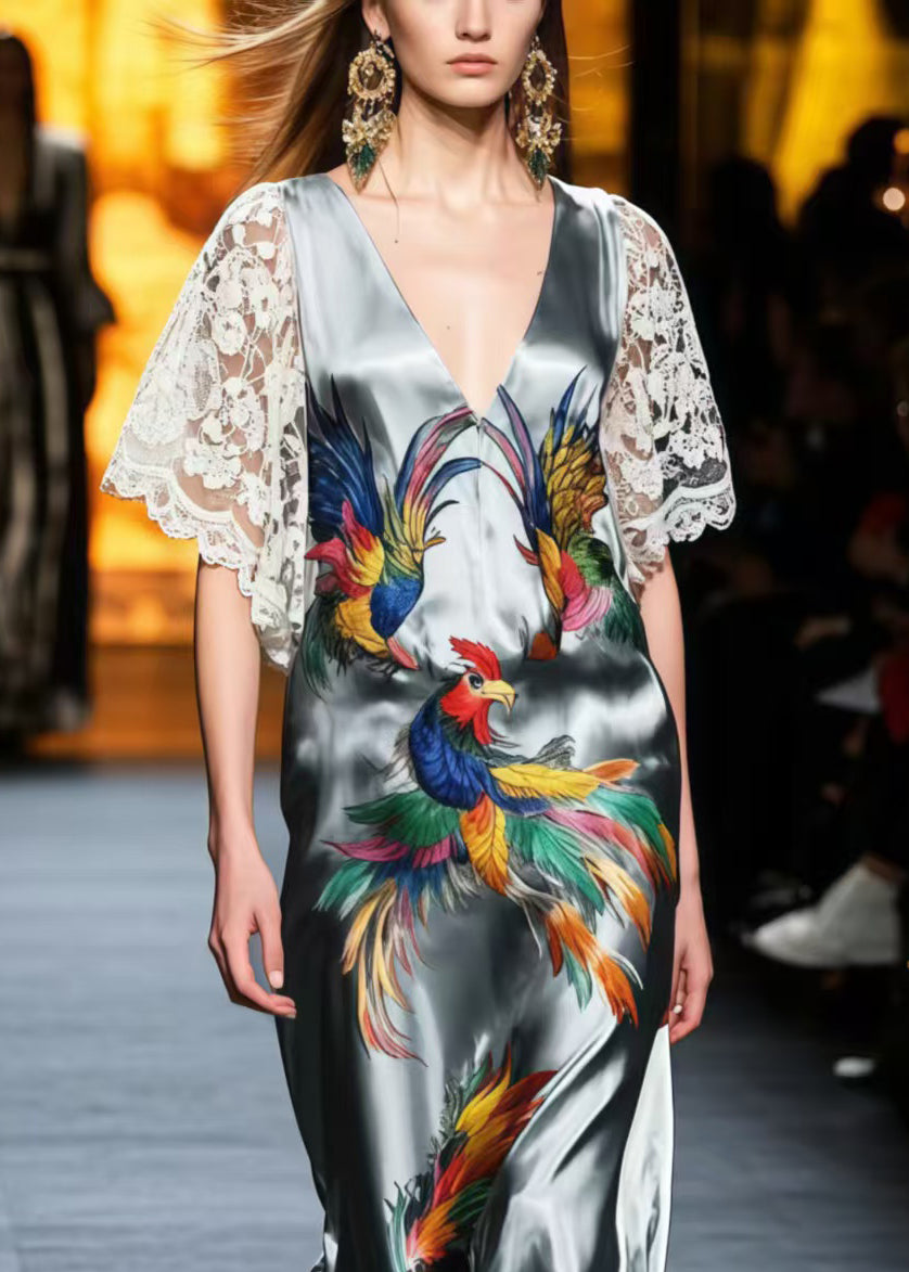 Chic Grey Phoenix Print Patchwork Lace Silk Party Dresses Summer