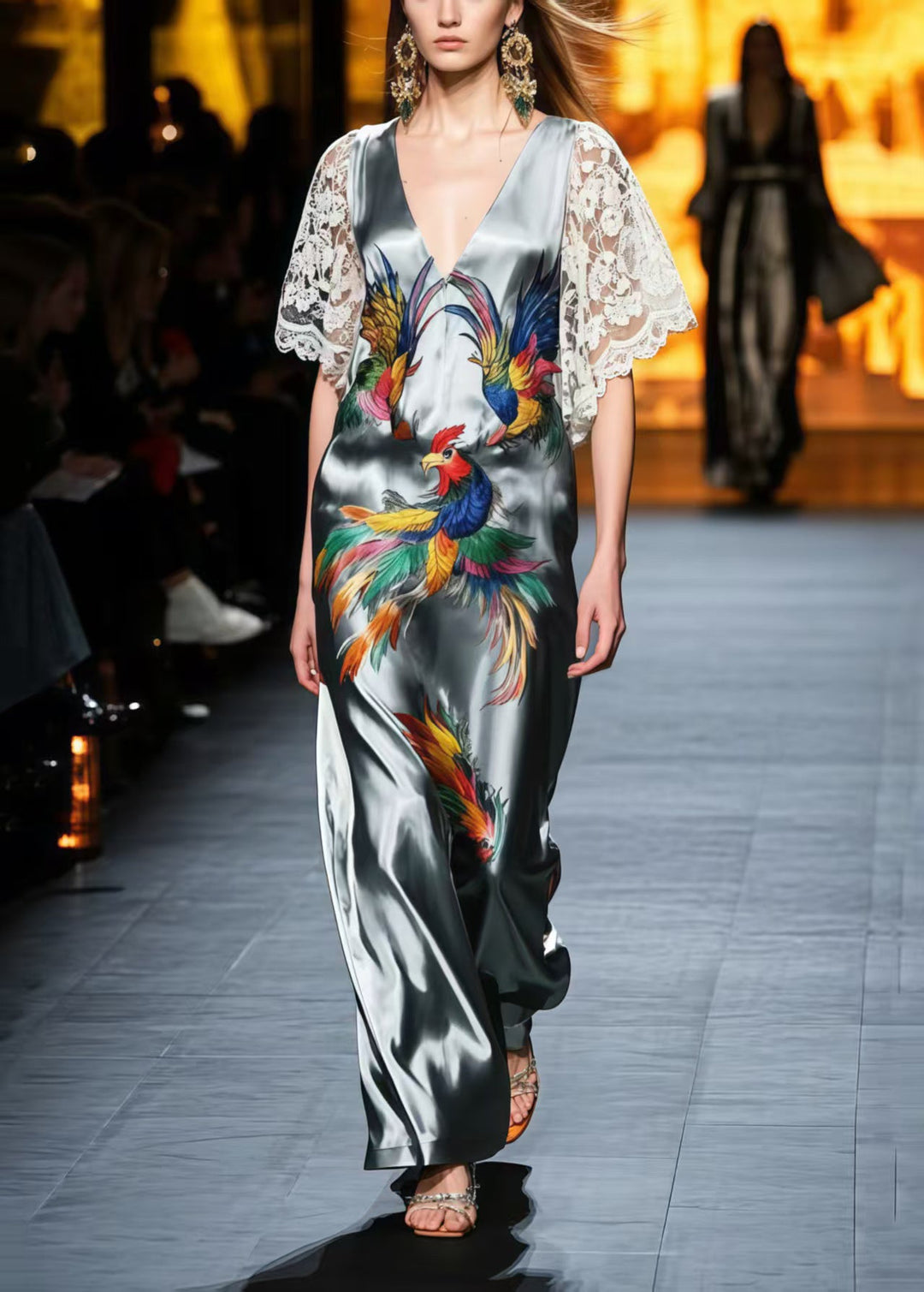 Chic Grey Phoenix Print Patchwork Lace Silk Party Dresses Summer