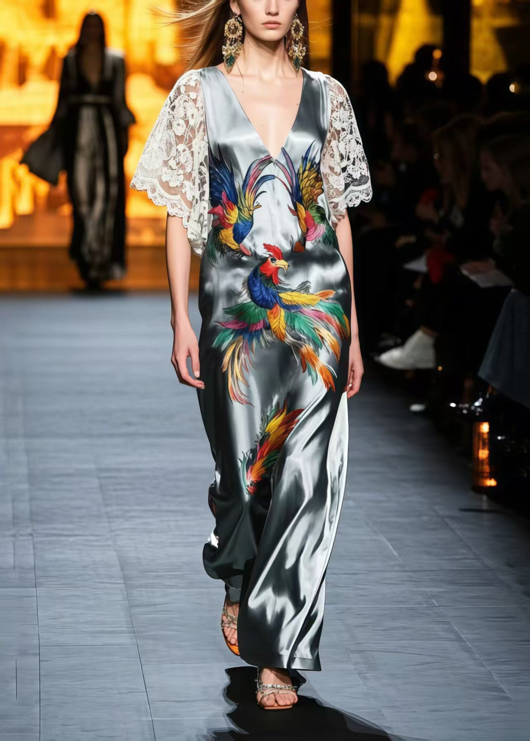 Chic Grey Phoenix Print Patchwork Lace Silk Party Dresses Summer