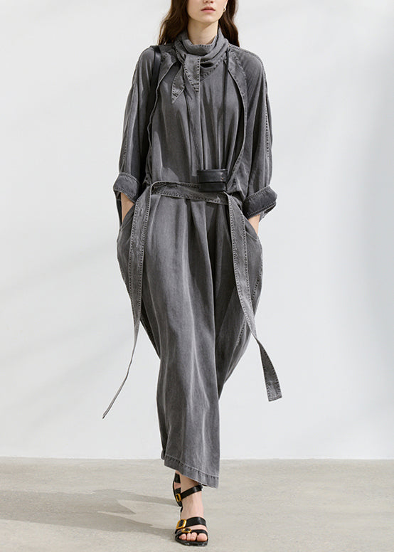 Chic Grey Turtle Neck Pockets Lace Up Denim Long Dresses Fall