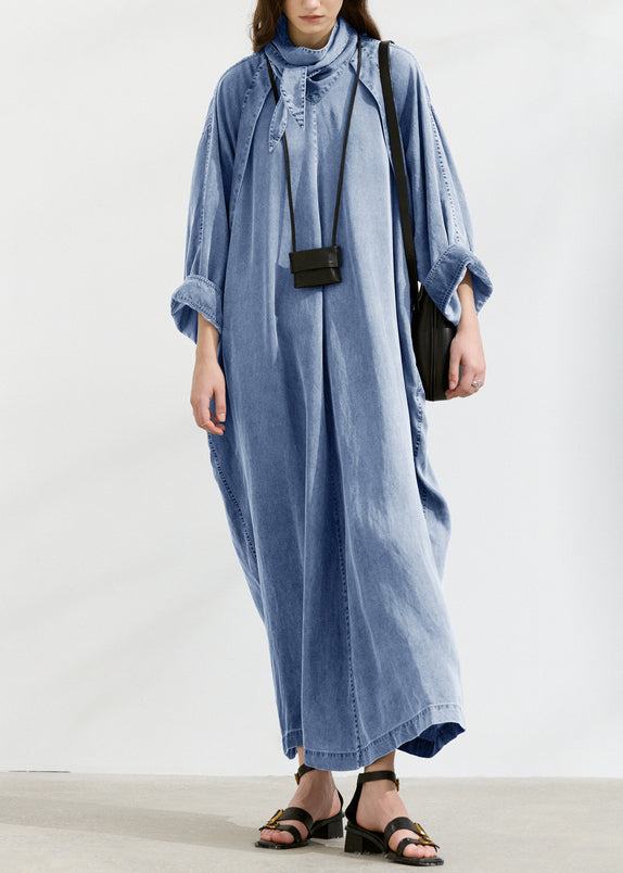 Chic Grey Turtle Neck Pockets Lace Up Denim Long Dresses Fall