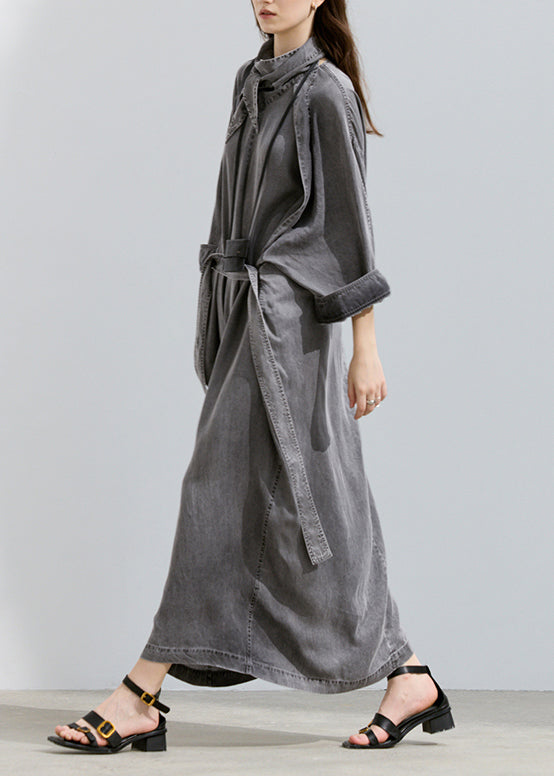 Chic Grey Turtle Neck Pockets Lace Up Denim Long Dresses Fall