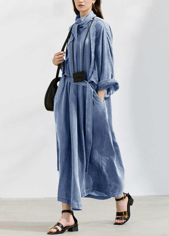 Chic Grey Turtle Neck Pockets Lace Up Denim Long Dresses Fall