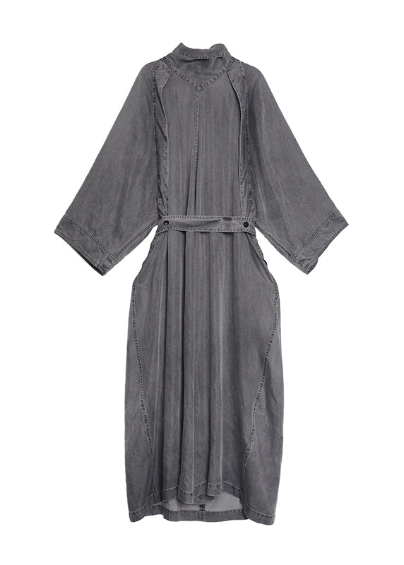 Chic Grey Turtle Neck Pockets Lace Up Denim Long Dresses Fall