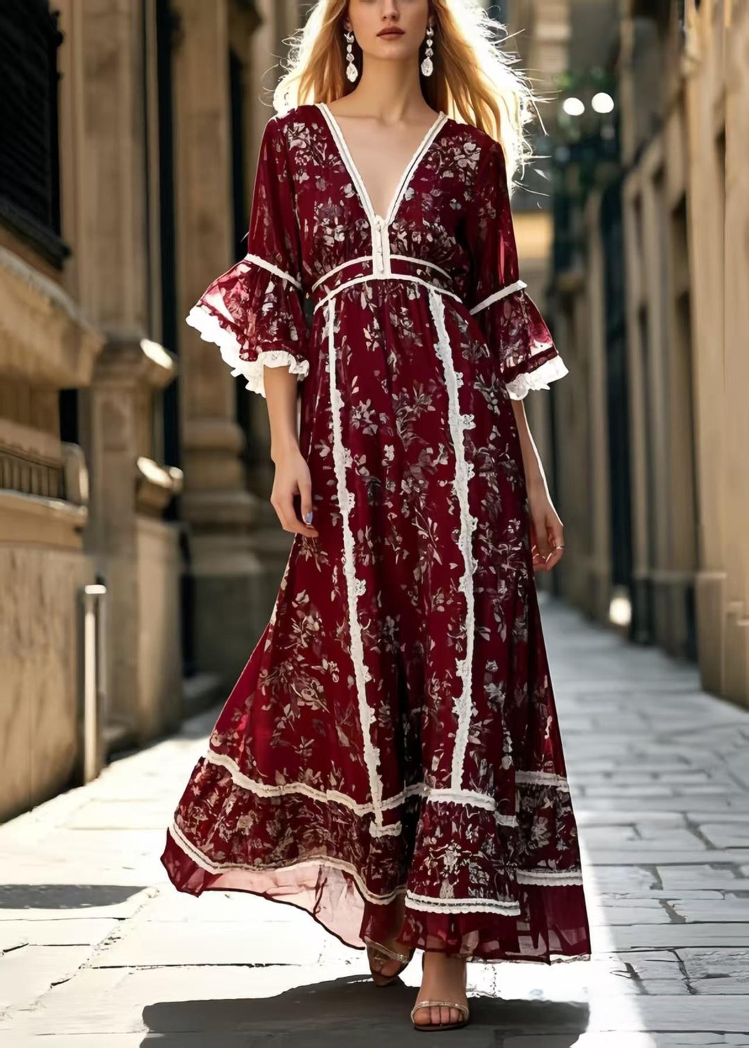 Chic Mulberry Print Lace Patchwork Silk Long Dress Summer