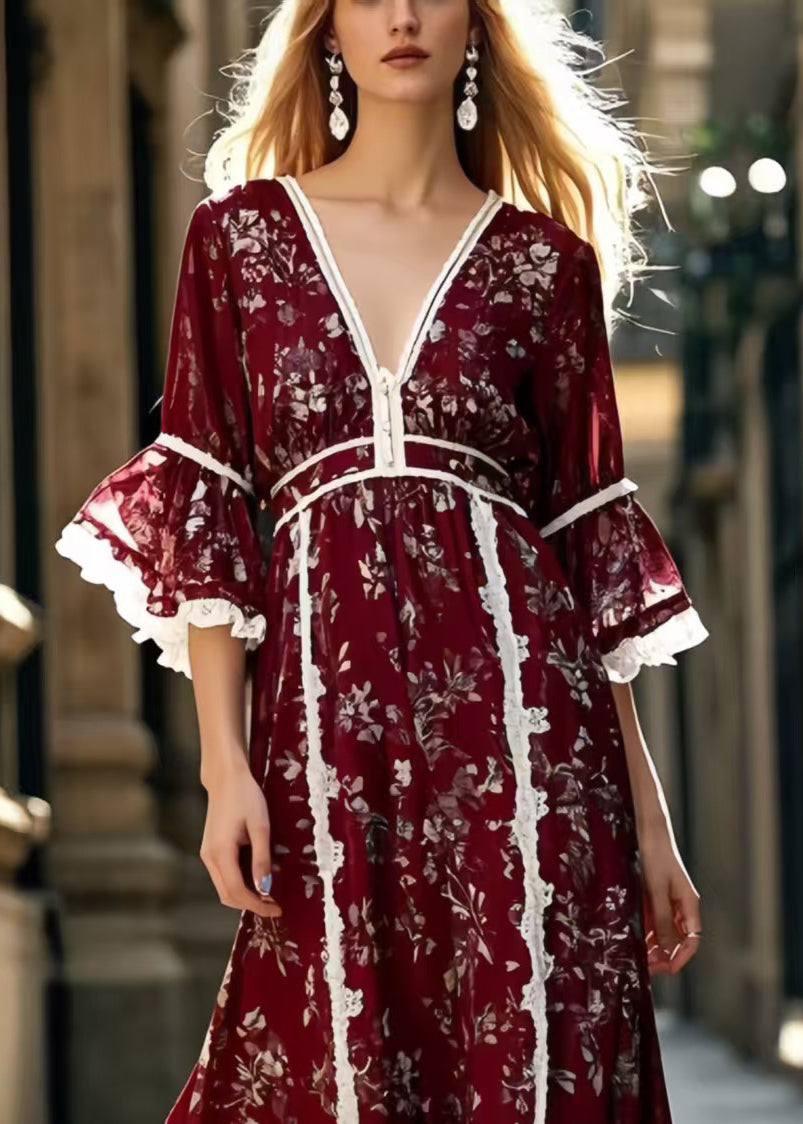 Chic Mulberry Print Lace Patchwork Silk Long Dress Summer