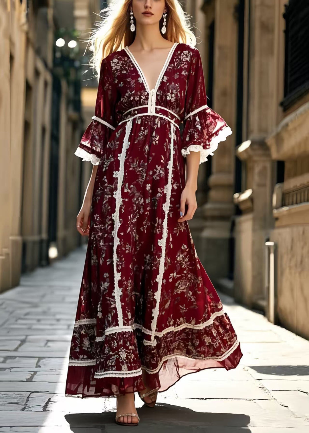 Chic Mulberry Print Lace Patchwork Silk Long Dress Summer