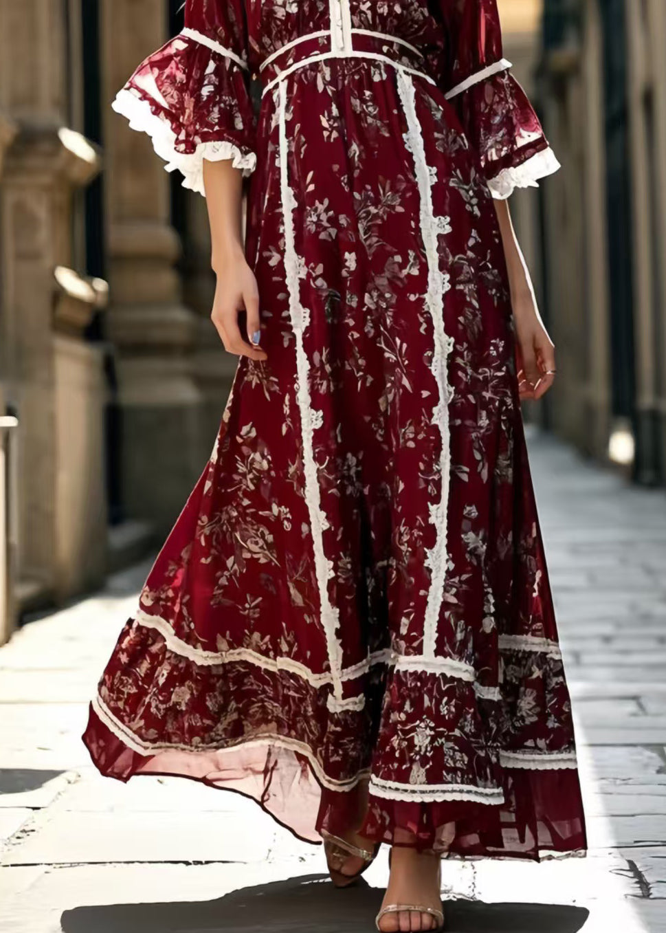 Chic Mulberry Print Lace Patchwork Silk Long Dress Summer