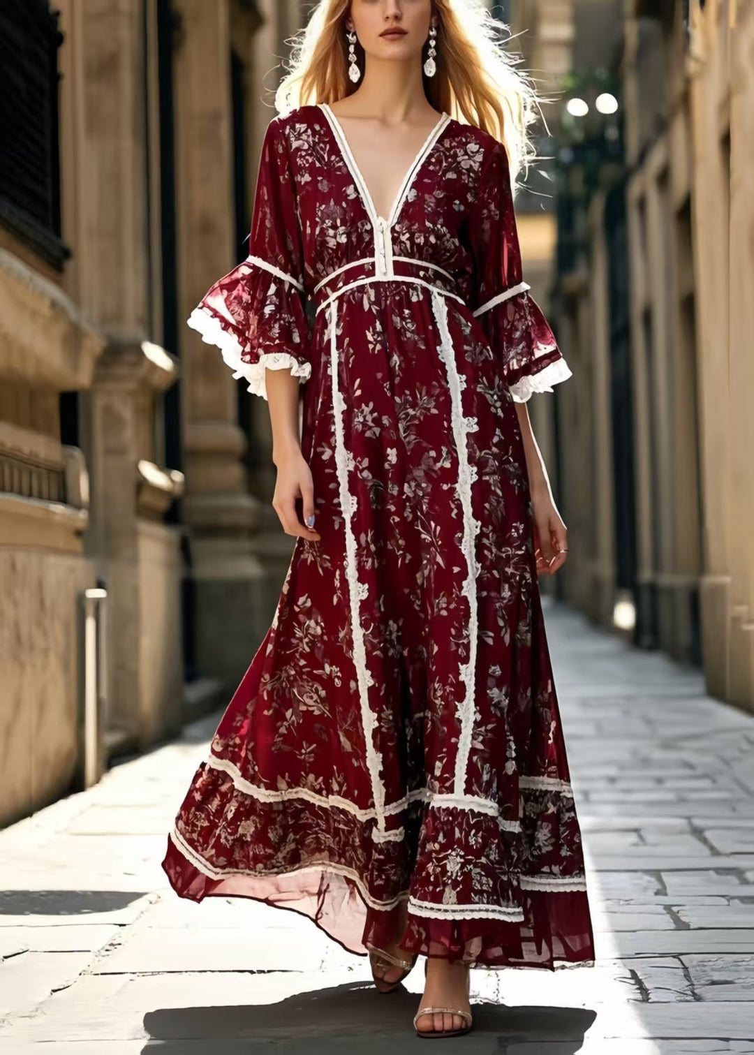 Chic Mulberry Print Lace Patchwork Silk Long Dress Summer