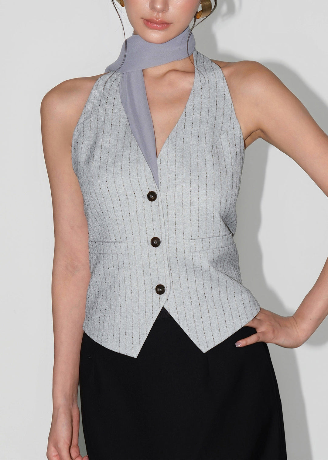 Chic Navy V Neck Striped Button Vest Sleeveless