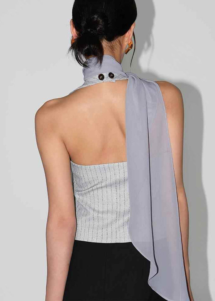 Chic Navy V Neck Striped Button Vest Sleeveless