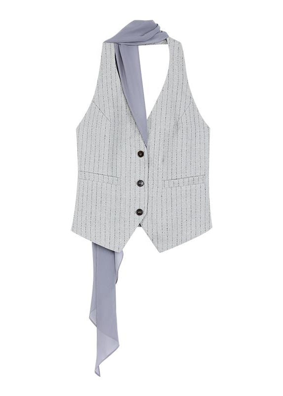 Chic Navy V Neck Striped Button Vest Sleeveless