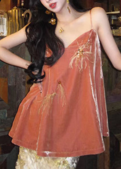 Chic Orange V Neck Feather Nail Bead Silk Velour Spaghetti Strap Tank Sleeveless