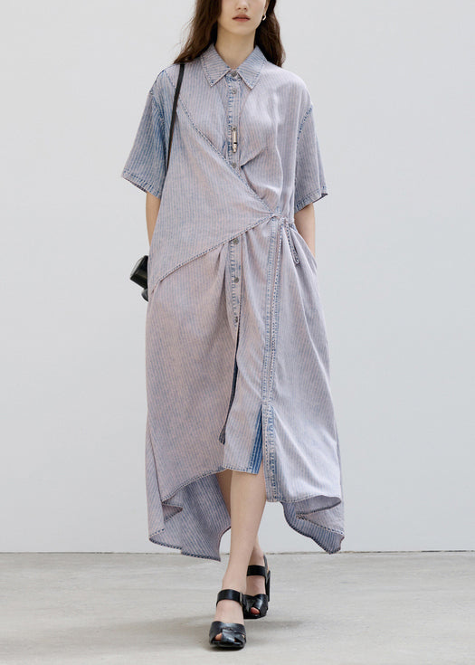 Chic Peter Pan Collar Asymmetrical Design Lace Up Patchwork Denim Dress Summer