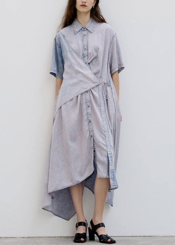 Chic Peter Pan Collar Asymmetrical Design Lace Up Patchwork Denim Dress Summer