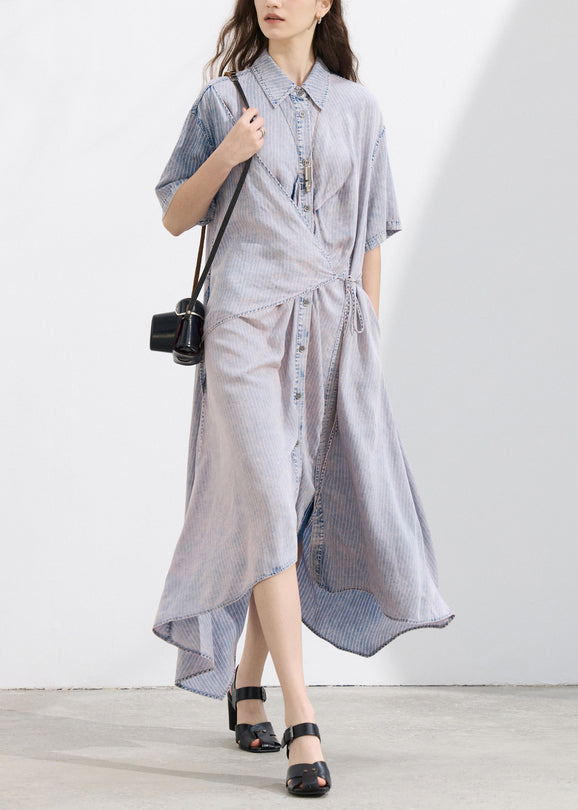 Chic Peter Pan Collar Asymmetrical Design Lace Up Patchwork Denim Dress Summer