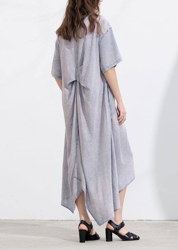 Chic Peter Pan Collar Asymmetrical Design Lace Up Patchwork Denim Dress Summer